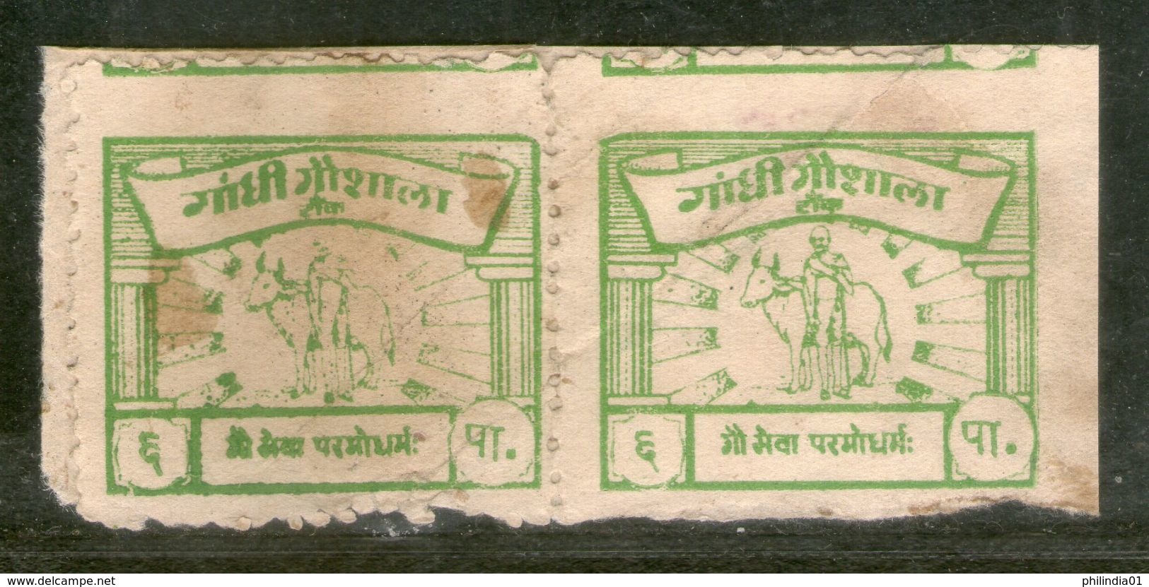 India 6ps Gandhi Gaushala Tonk Charity Label Pair Extremely RARE # 1032 - Charity Stamps