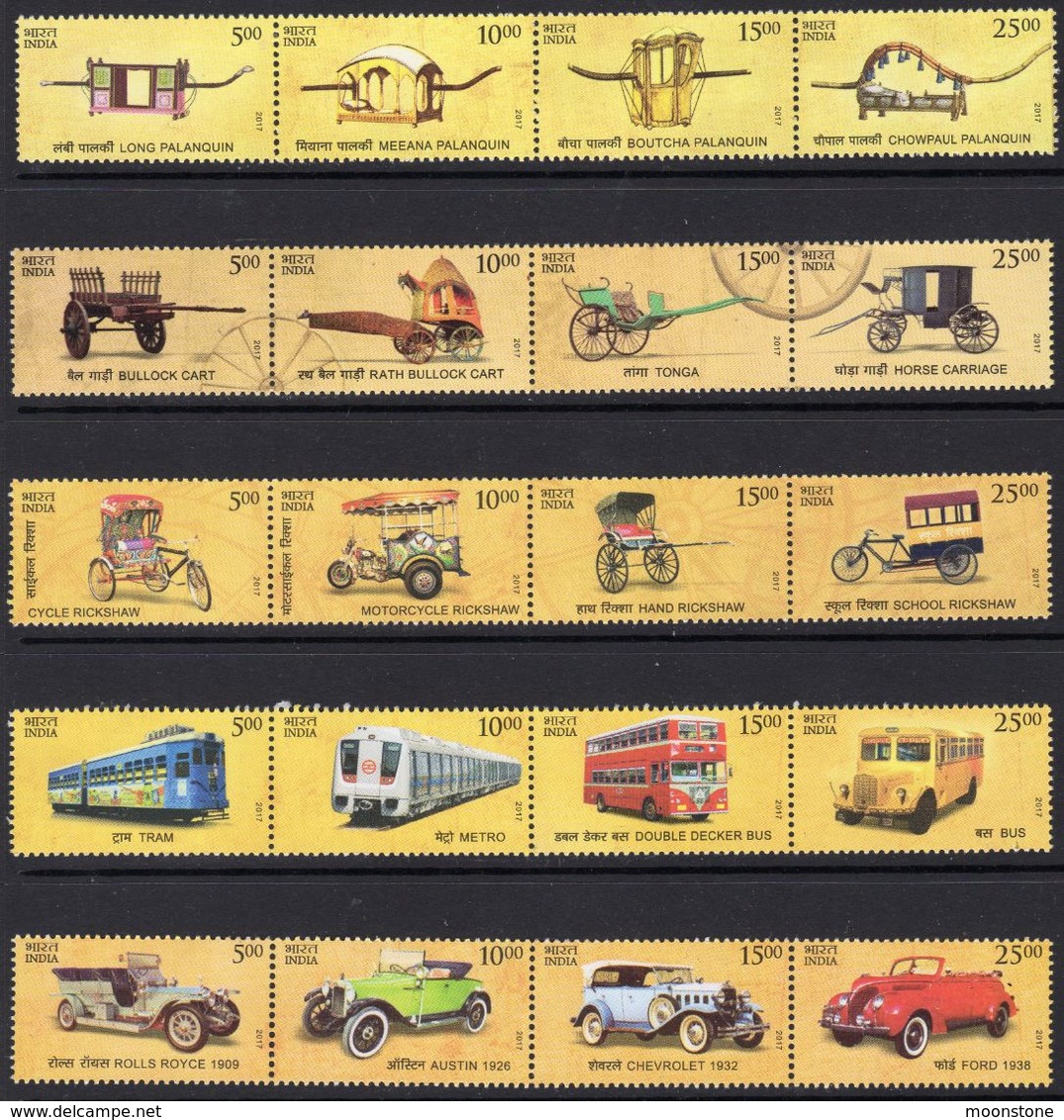 India 2017 Transport Through The Ages Set Of 20, 5 X Strips Of 4, MNH, SG 3281/300 (E) - Unused Stamps