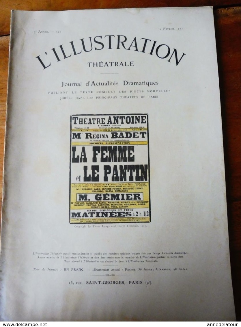 LA FEMME ET LE PANTIN, De Pierre Louys Et Pierre Frondaie (orig :L'ILLUSTRATION  THÉÂTRALE 1911 ) Dos Illustré  O' Galop - French Authors