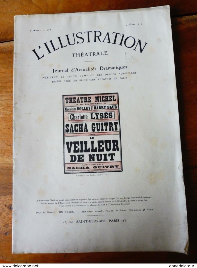 LE VEILLEUR DE NUIT, De Sacha Guitry   (orig :L'ILLUSTRATION  THÉÂTRALE 1911 ) Dos Illustré Par O' Galop Pour MICHELIN - French Authors