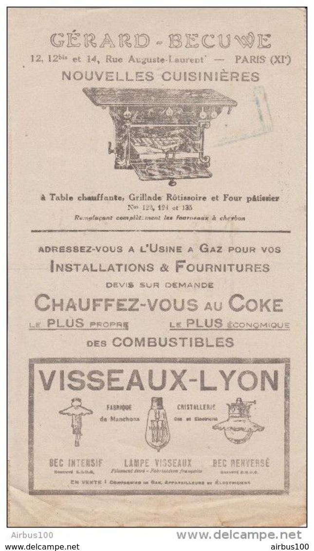 FACTURE 1925 FUSION Des GAZ USINE De VERSAILLES - 7 CITÉ PARADIS PARIS - PUB GÉRARD BECUWE CUISINIERE VISSEAUX LYON - Electricité & Gaz