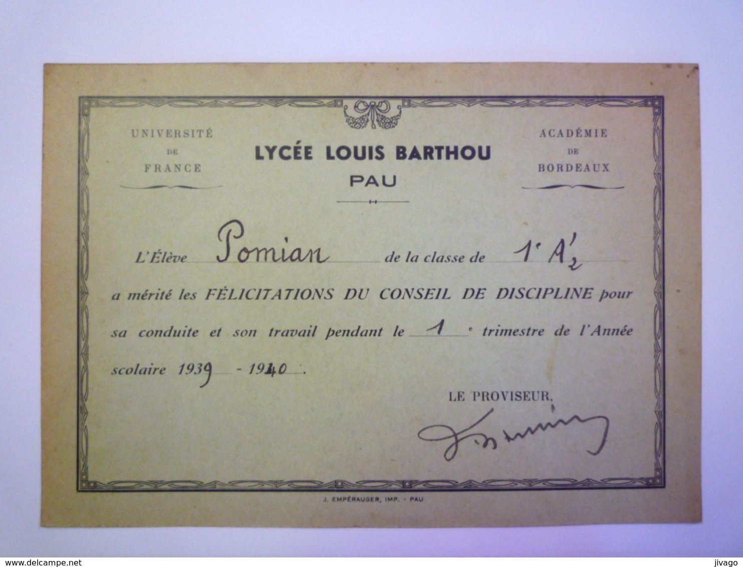 2020 - 6066  LYCEE Louis BARTHOU  (PAU)   Félicitations Du Conseil De Discipline à L'élève POMIAN  1940   XXX - Non Classés