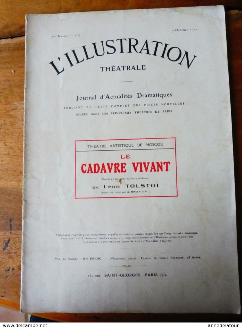 LE CADAVRE VIVANT,de Léon Tolstoï,dont Masque Moulé (orig :L'ILLUSTRATION  THÉÂTRALE 1911) Dos Illustré Par MICHELIN - Franse Schrijvers