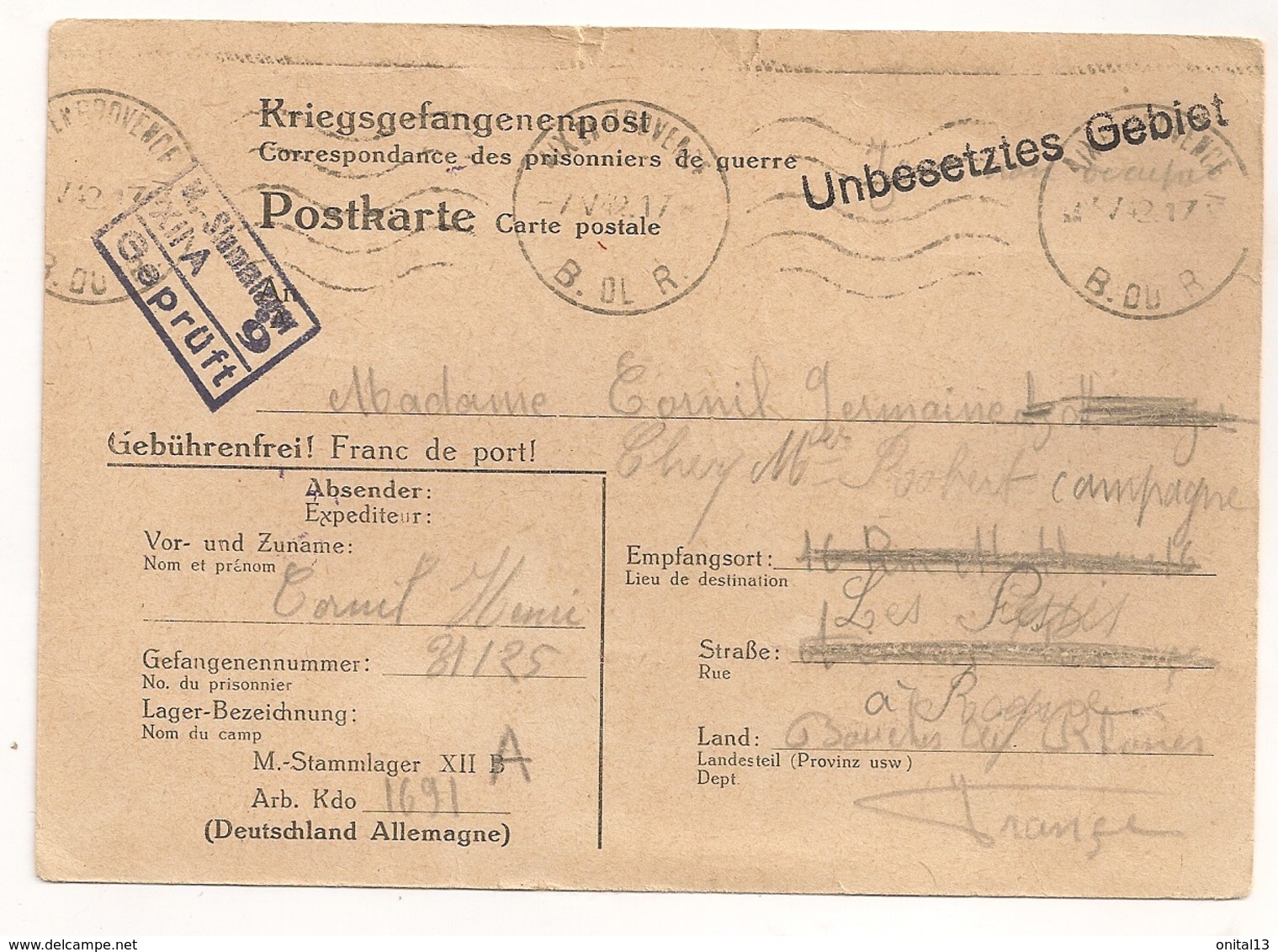 1942 CARTE DU STAMMLAGER XII A STALAG /  INFO SUR ADRESSE DU PRISONNIER DE GUERRE Limburg An Der Lahn / Diez. C617 - Cartas & Documentos