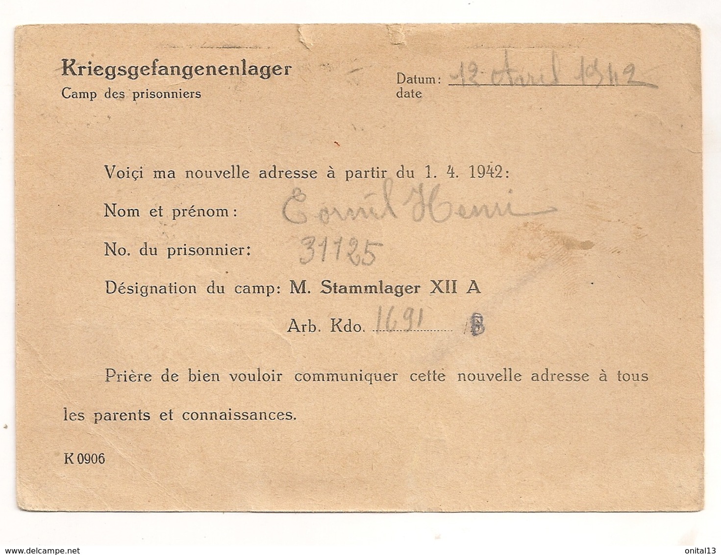 1942 CARTE DU STAMMLAGER XII A STALAG /  INFO SUR ADRESSE DU PRISONNIER DE GUERRE Limburg An Der Lahn / Diez. C617 - Cartas & Documentos