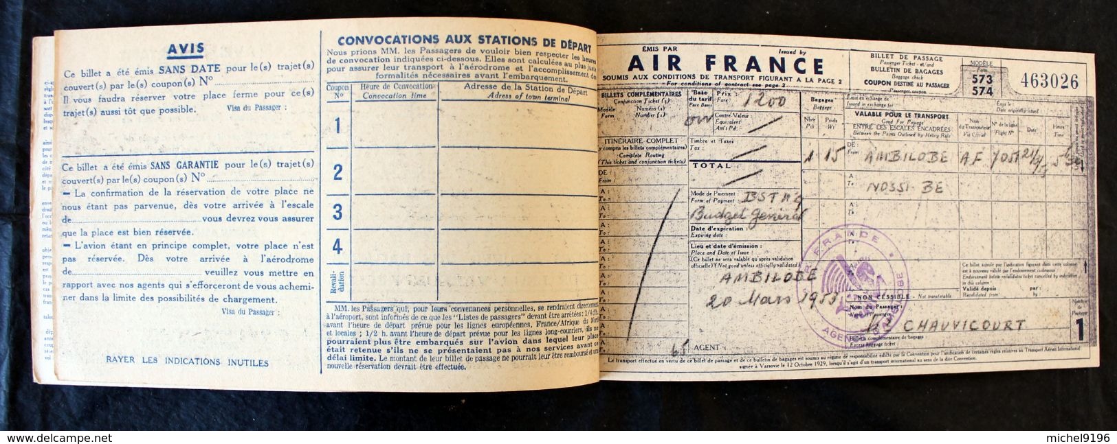 Billet Avion Air France Ambilobe Nossi-Bé  Chauvicourt 1953 - Monde