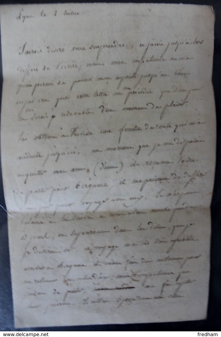 1803,LAC LYON MARQUE LINEAIRE PARTIELLE POUR PARIS DATEE DU 02/07/1803 CAD ROUGE ARRIVEE DU05/05/1803 TAXE MANUSCRITE. - 1801-1848: Vorläufer XIX