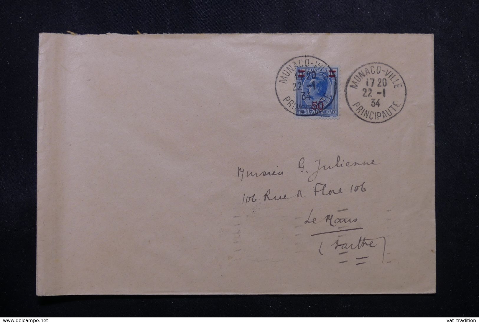 MONACO - Enveloppe Pour Le Mans En 1934, Affranchissement Plaisant - L 64217 - Cartas & Documentos