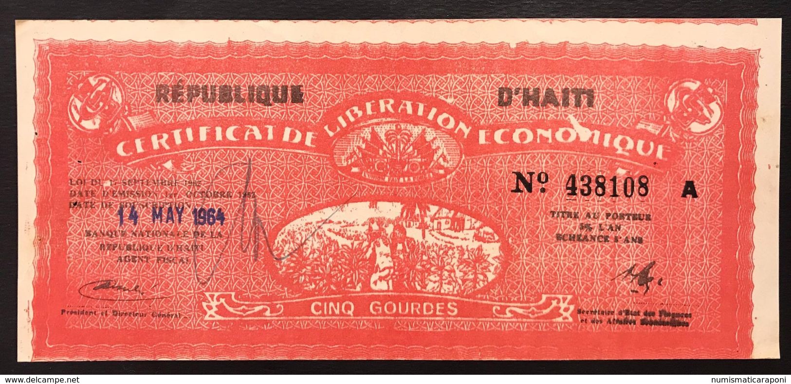 HAITI CERTIFICAT DE LIBERATION ECONOMIQUE 5 Gourdes 1962 Pick#502 Lotto 1109 - Haïti