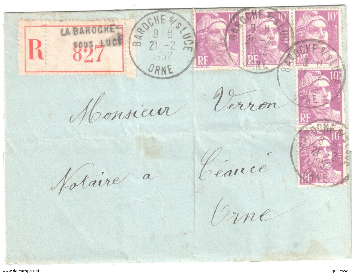 BAROCHE Sous LUCE (LA) Orne Lettre Recommandée 10 F Gandon Lilas Yv 811 Ob 21 2 1952 - Lettres & Documents