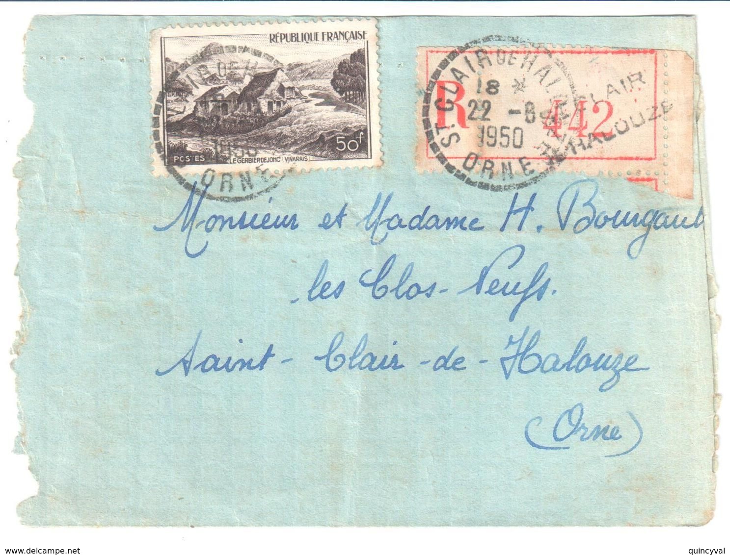 St CLAIR De HALOUZE Orne Lettre Recommandée 50 F Berbier De Jonc Yv 843 Ob Recette Distribution Cercle Pointillé  B6 - Cartas & Documentos