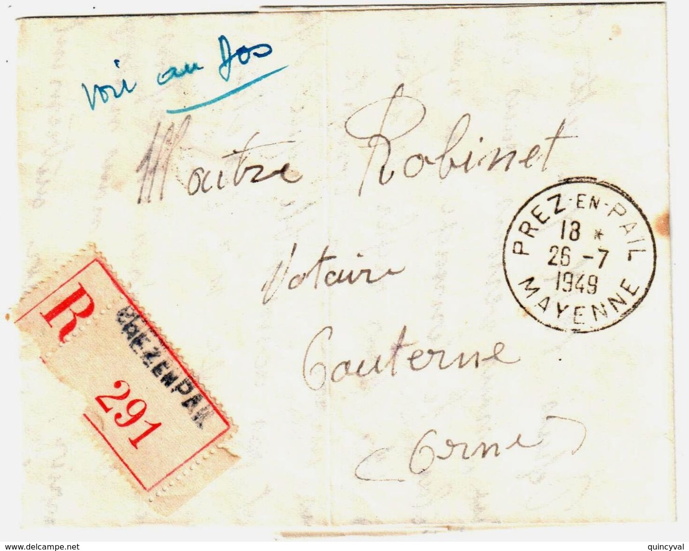 PREZ En PAIL Mayenne Lettre Recommandée 50 F Poste Aérienne Iris Yv PA 17 Ob 26 7 1949 Dest Caterne - 1927-1959 Lettres & Documents