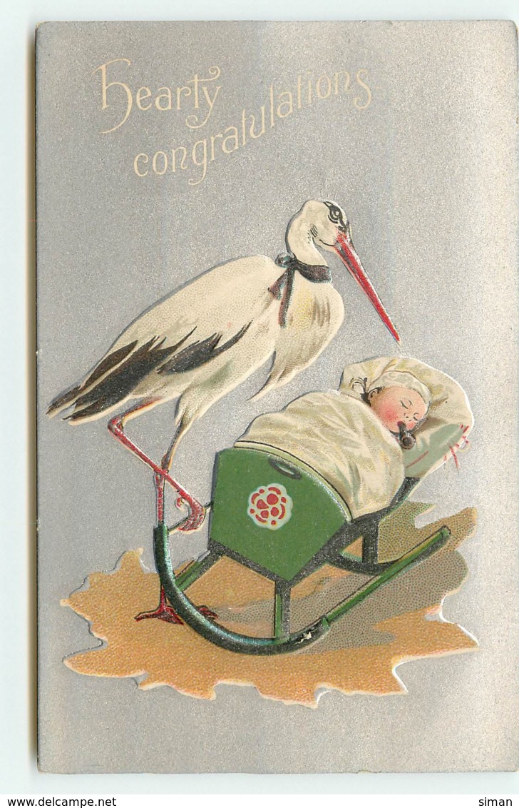 N°15453 - Carte Gaufrée - Hearty Congratulations - Cigogne Berçant Un Bébé - Babies