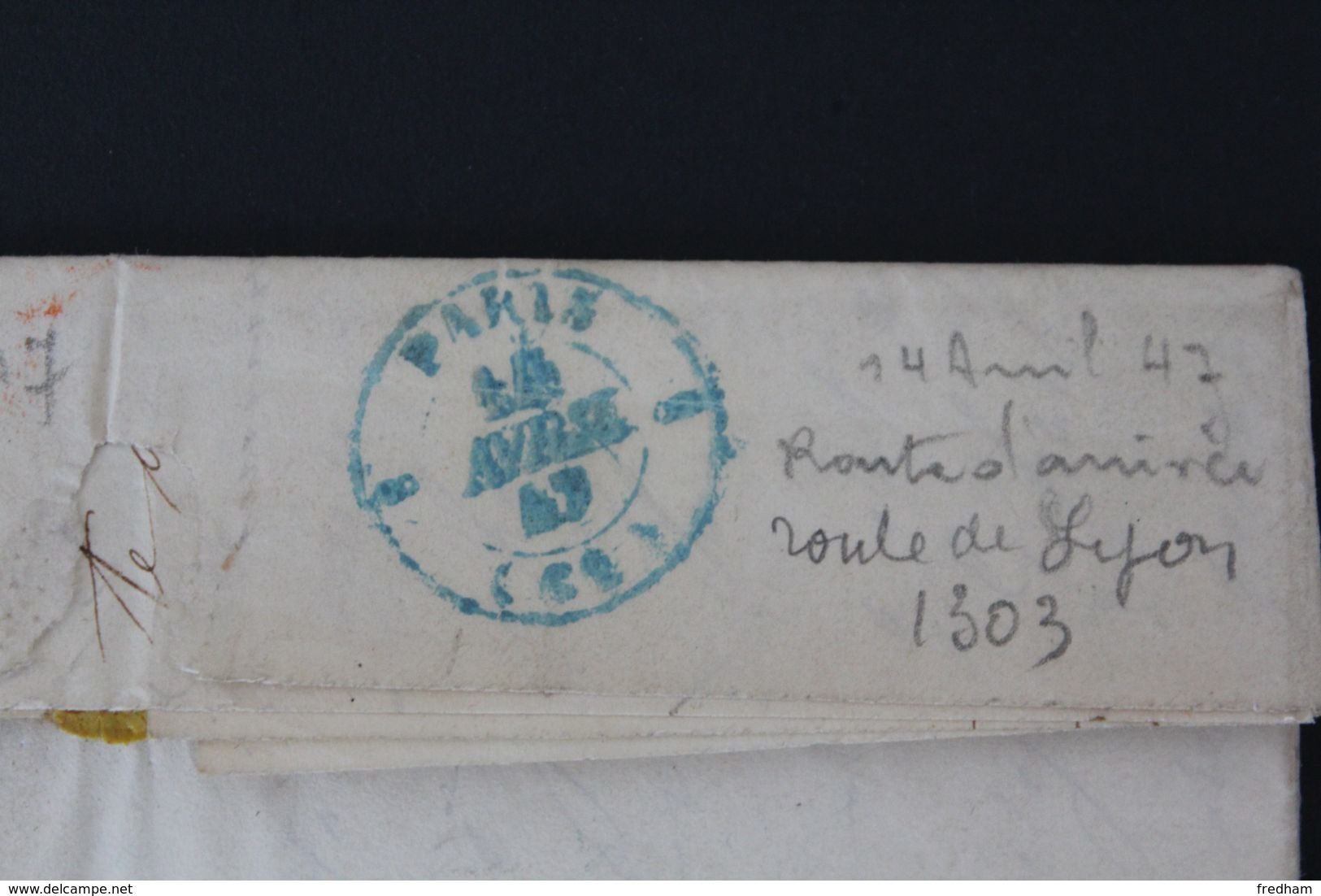 1847 , LAC LYON CAD DU 12/04/47 POUR PARIS CAD BLEU D'ARRIVEE 14/04/47 TTAXE MANUSCRITE - 1801-1848: Precursores XIX