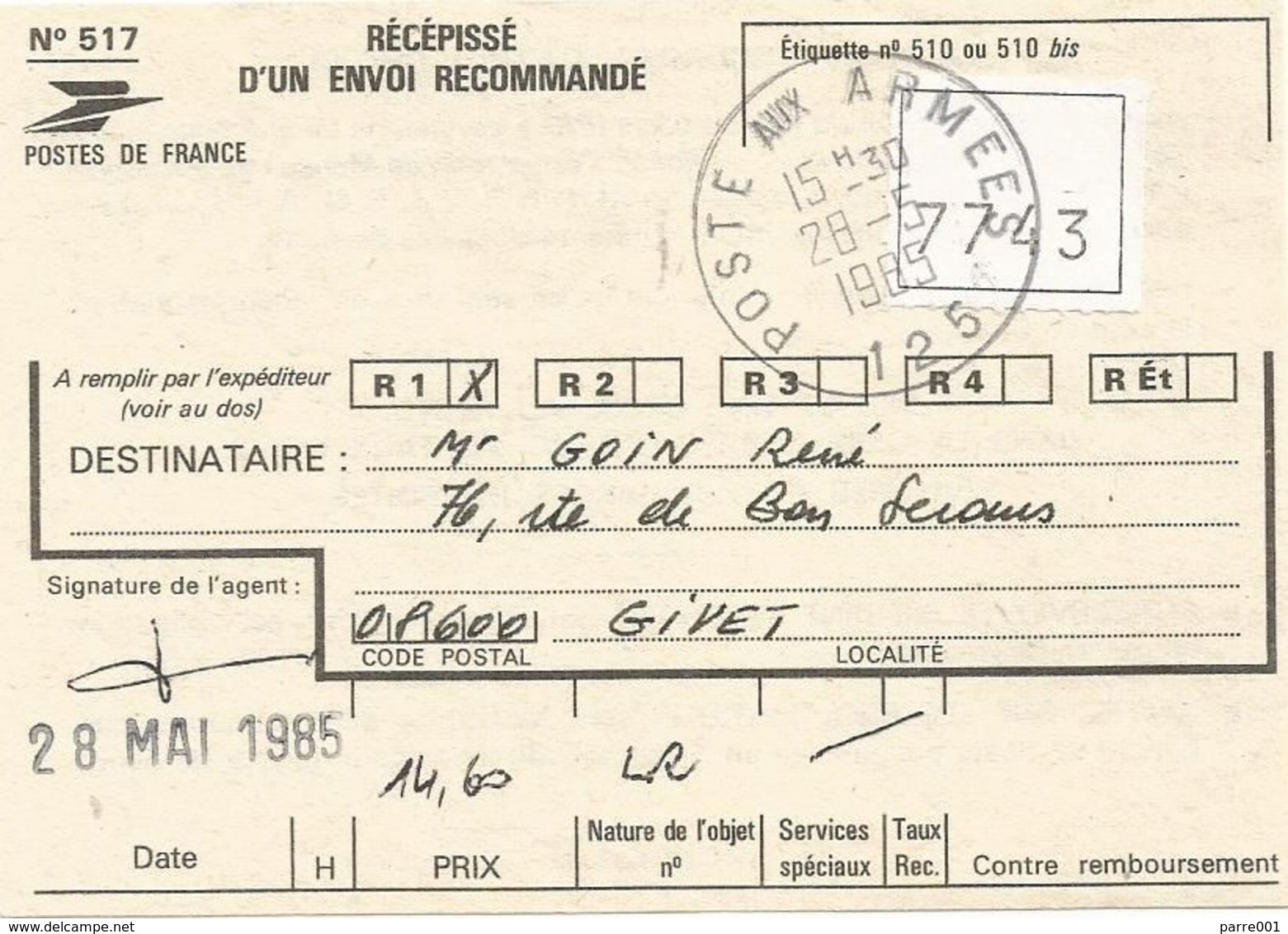 France 1985 PAA BPM 125 Liban UNIFIL FINUL SP 25000 Militaire Military Peacekeeping Forces Registered Cover - Militaria