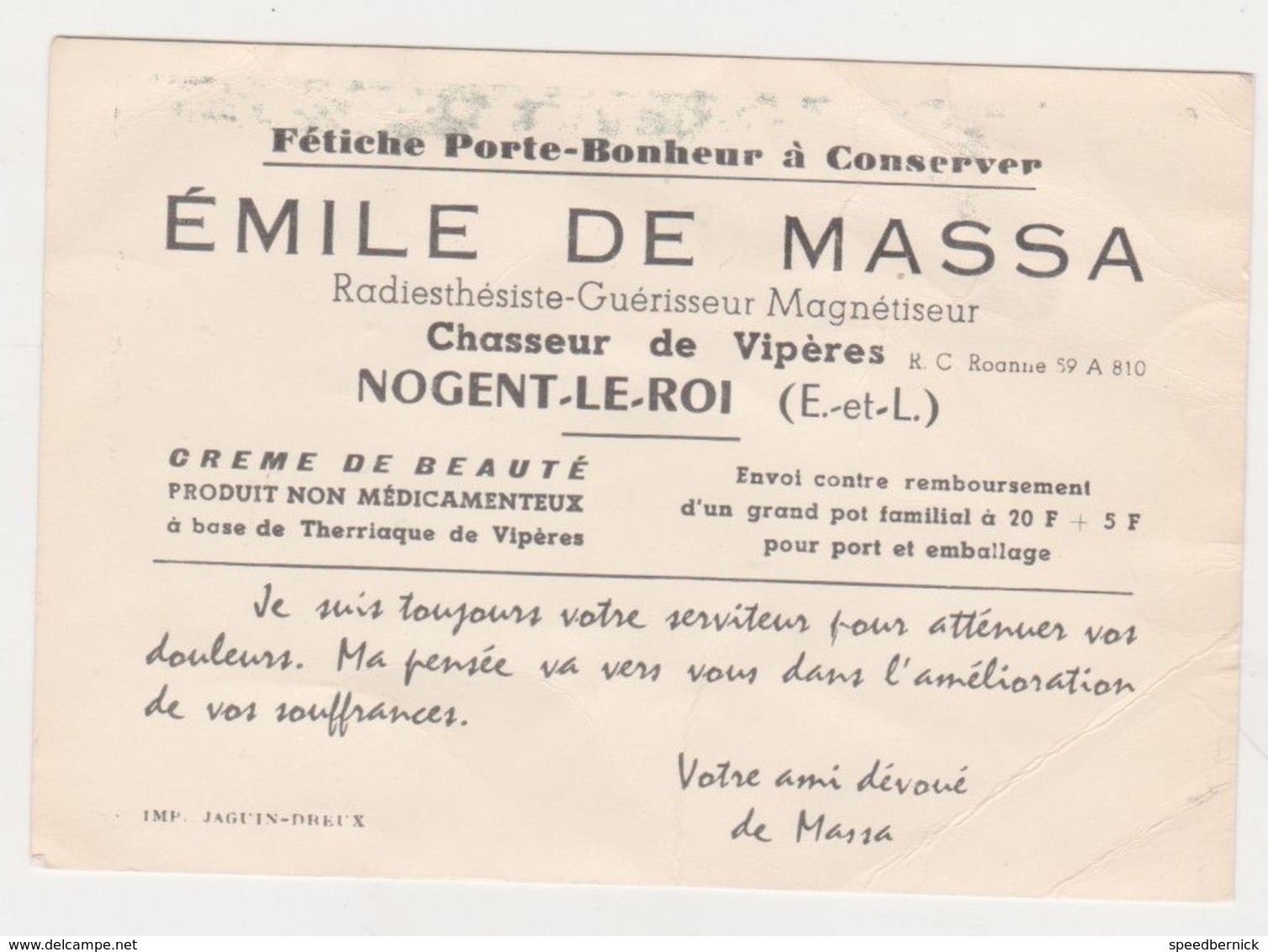 28021 Carte Visite Fetiche Chasseur Viperes Radiesthesiste Guerisseur Magnetiseur - Emile Massa Nogent Roi France - Religión & Esoterismo
