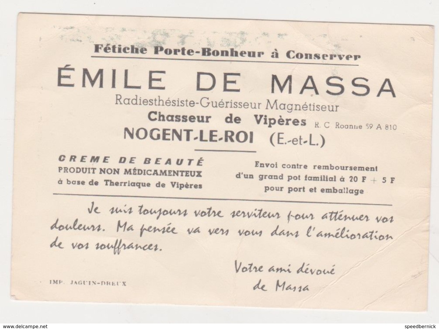 28021 Carte Visite Fetiche Chasseur Viperes Radiesthesiste Guerisseur Magnetiseur - Emile Massa Nogent Roi France - Godsdienst & Esoterisme