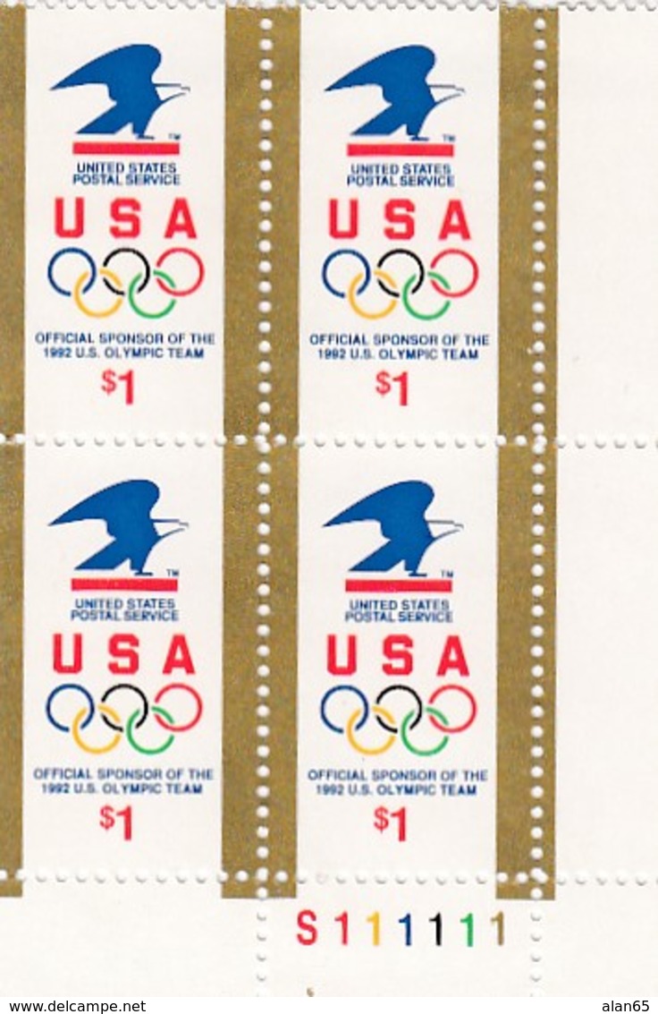 Sc#2539 Plate # Block Of 4 Stamps, 1 Dollar Olympic Rings And Eagle 1991 Issue - Numéros De Planches