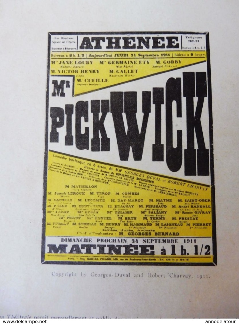 MONSIEUR PICKWICK, Par Georges Duval Et Robert Charvay   (origine : L'ILLUSTRATION  THÉÂTRALE 1911 )  Défaut D'aspect - Auteurs Français