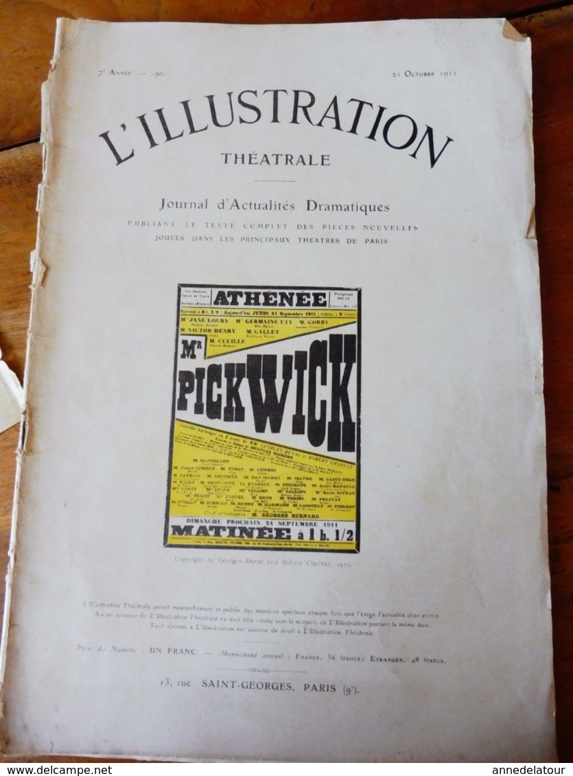 MONSIEUR PICKWICK, Par Georges Duval Et Robert Charvay   (origine : L'ILLUSTRATION  THÉÂTRALE 1911 )  Défaut D'aspect - Französische Autoren