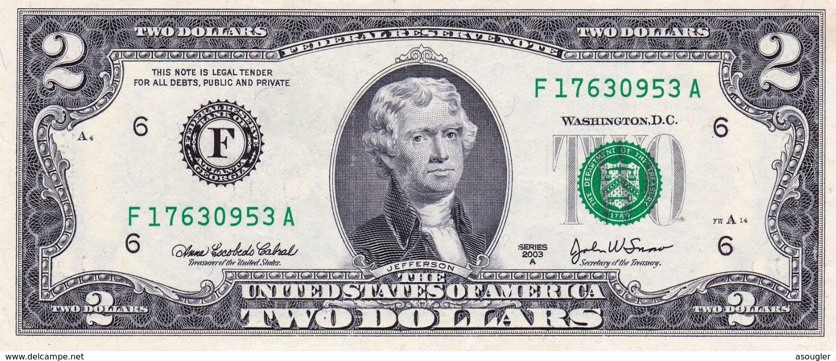 USA 2 DOLLARS 2003 A ATLANTA GEORGIA (F) PREFIX "F-A" AU "free Shipping Via Regular Air Mail (buyer Risk)" - Billetes De La Reserva Federal (1928-...)