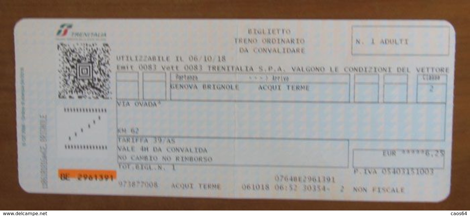 ITALIA Ticket Biglietto Treno Tariffa 39/AS Km 62  GENOVA BRIGNOLE/ACQUI TERME  - 2018 - Europe