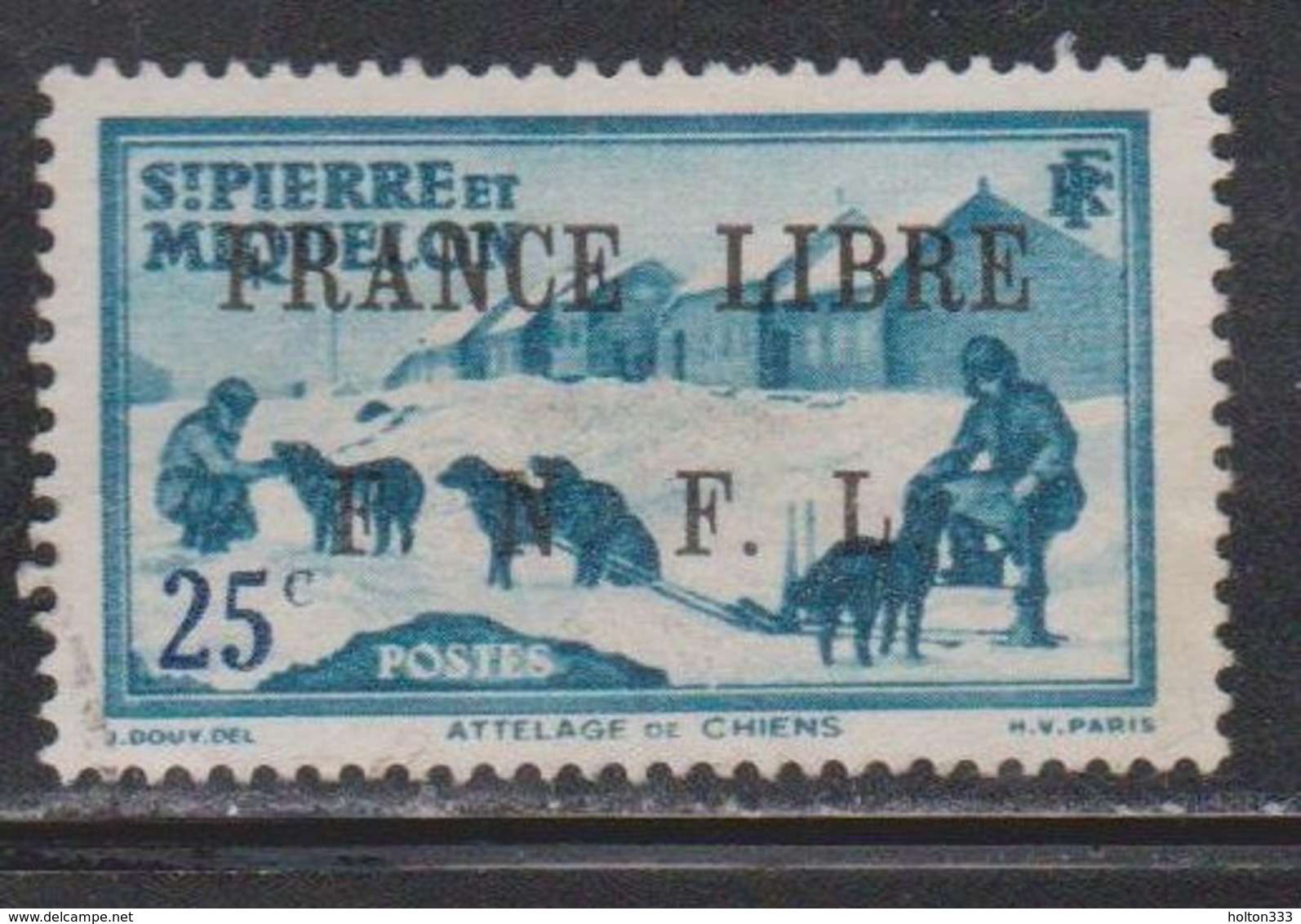 ST PIERRE & MIQUELON Scott # 229 Used - Dog Team With France Libre FNFL Overprint - Used Stamps