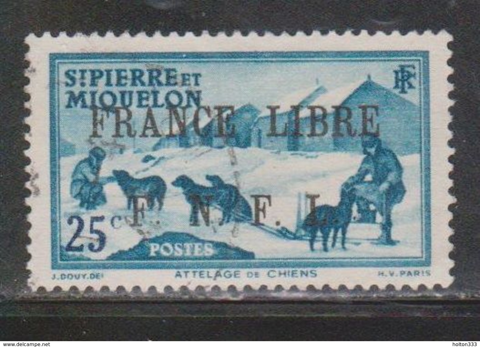 ST PIERRE & MIQUELON Scott # 229 Used 2 - Dog Team With France Libre FNFL Overprint - Oblitérés