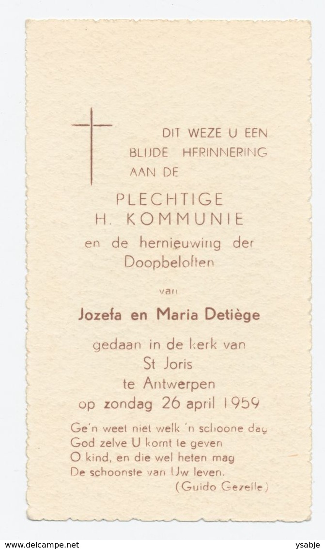 Communieprentje - Plechtige Communie Jozefa En Maria Detiège, Antwerpen 1959 - Communion