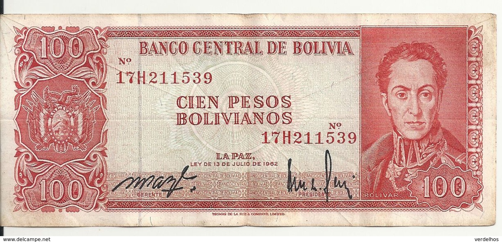 BOLIVIE 100 PESOS 1962 VF P 164A - Bolivia