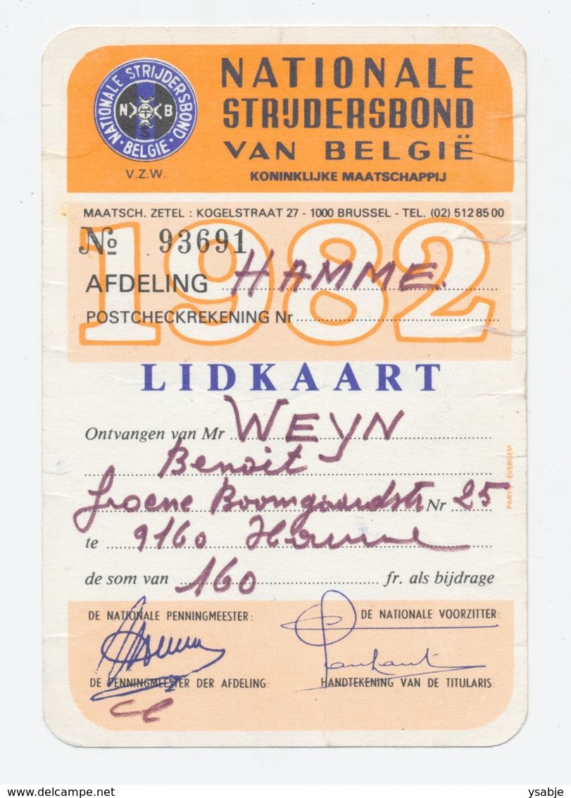 Lidkaart Nationale Strijdersbond Van België - Afdeling Hamme 1982 - Documentos