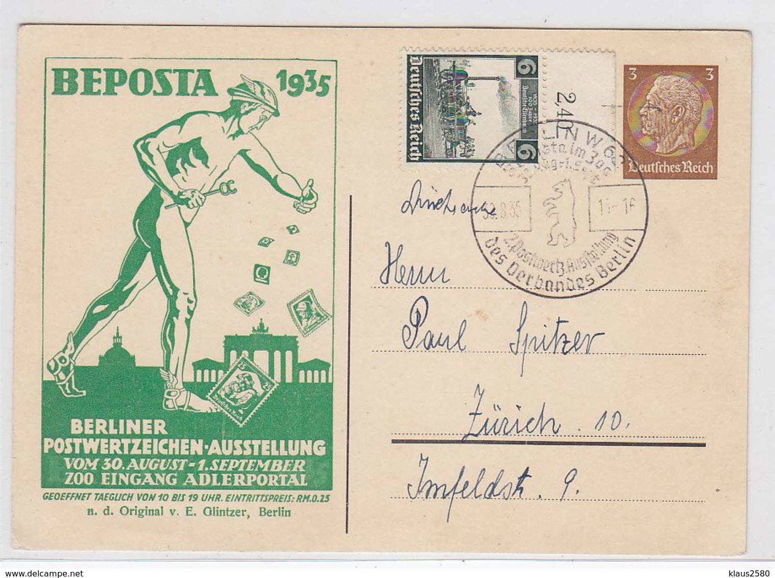 Deutsches Reich Sonderkarte "BEPOSTA"1935 Mit MIF Nach Zürich SST - Brieven En Documenten