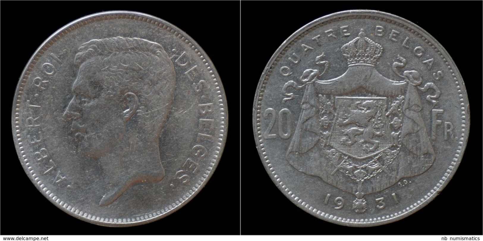 Belgium Albert I 20 Frank (4belga) 1931FR-pos B - 20 Francs & 4 Belgas