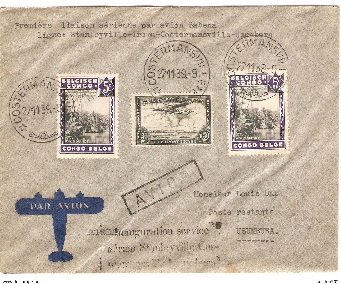 PR6292/ TP 197(2)-TPA 7 S/L.Avion 1ère Liaison Sabena C.Costdermansville 1939 V.Usumbura Poste Restante - Cartas & Documentos