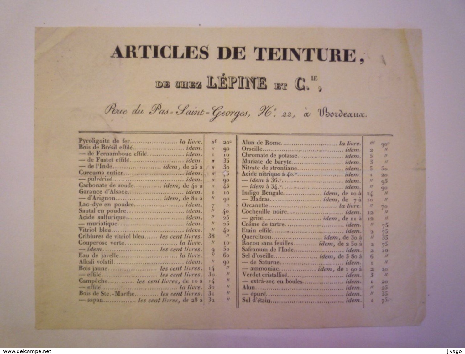 2020 - 6087  Document PUB Pour ARTICLES De TEINTURE  De Chez Lépine , Bordeaux  (19è Siècle)    XXX - Non Classés