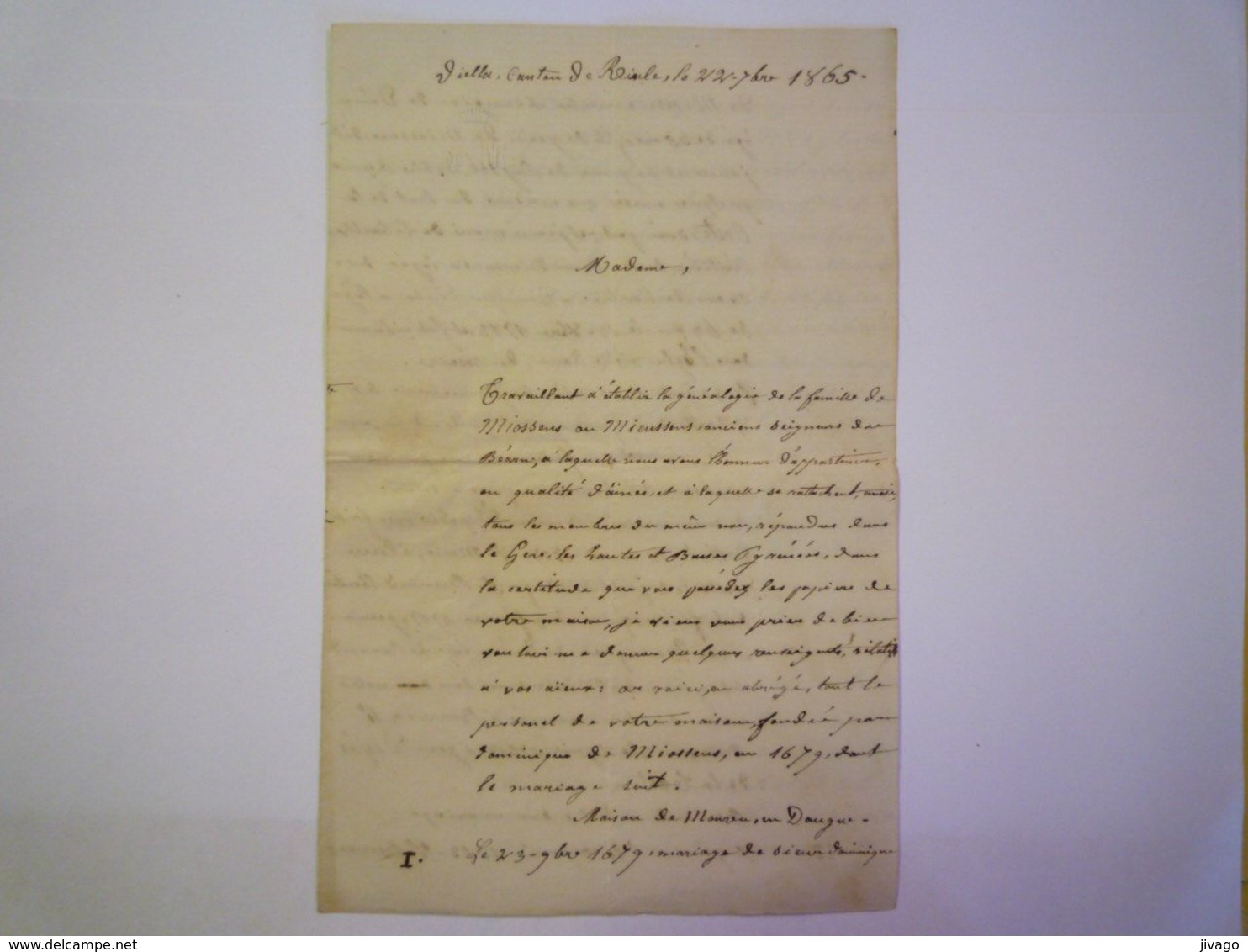 2020 - 6091  GENEALOGIE  :  Très Intéressante Lettre De L'Abbé DE MIOSSENS De VIELA (Gers) 1865     XXX - Non Classés