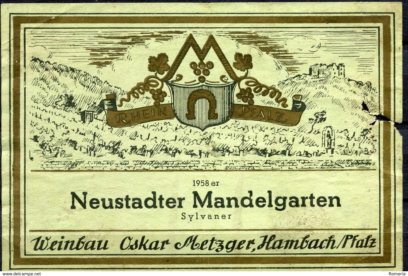 1870 - Allemagne - 1958 - Etiquette Neustadter Mandelgarten - Sylvaner - Weinbau Oskar Metzger Hambach - Vino Blanco