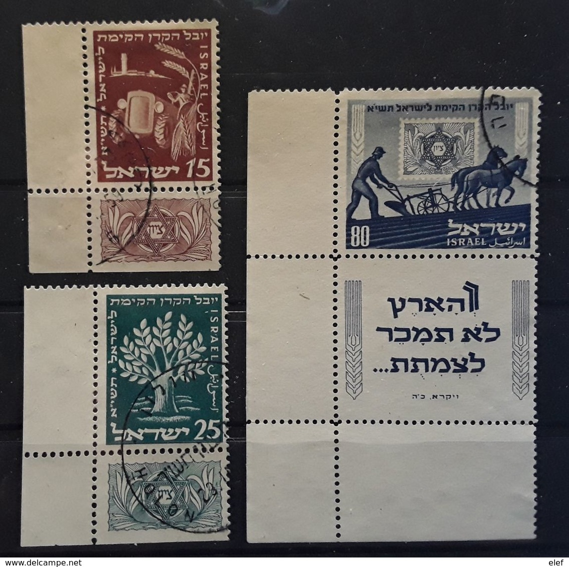 ISRAEL 1951, Serie 50 E Anniversaire Fonds National COIN DE FEUILLE AVEC TABS Yvert 46 /48,tracteur Laboureur,  Obl TTB - Gebruikt (met Tabs)