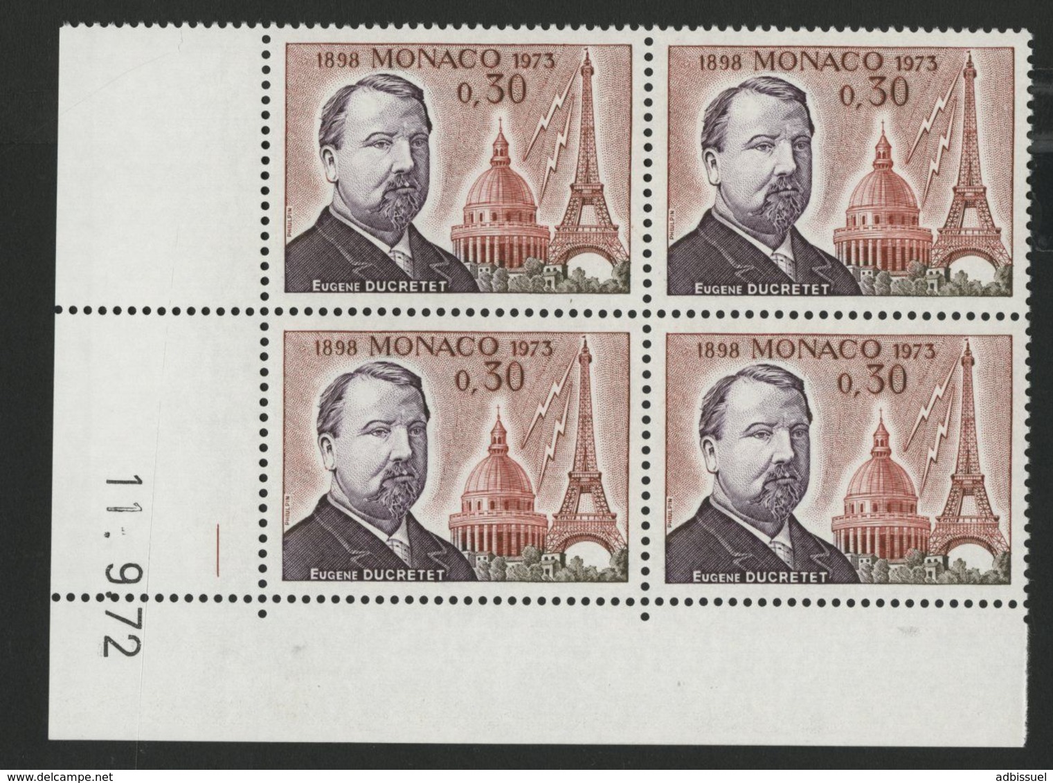 MONACO N° 921 Cote 2.8 € Bloc De 4 Neuf ** (MNH) Avec Coin Daté Du 11/9/73 "Eugène Ducretet" - Unused Stamps