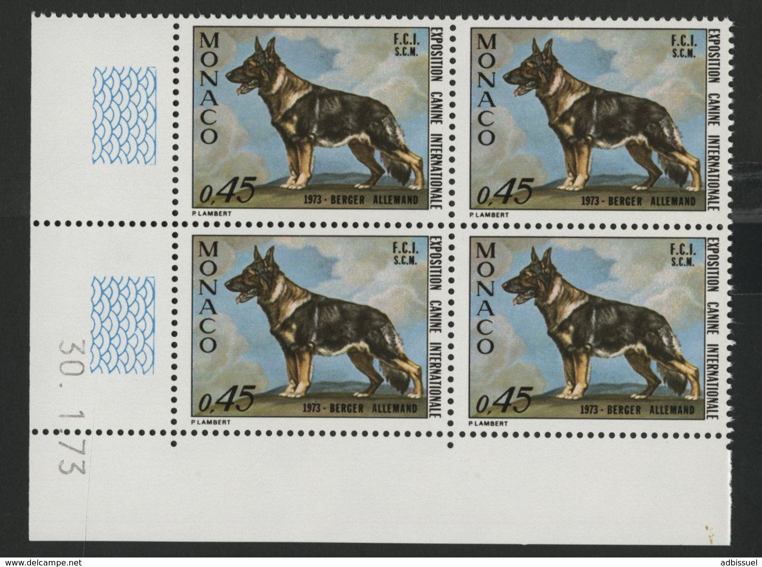 MONACO N° 922 Cote 56.8 € Bloc De 4 Neuf ** (MNH) Avec Coin Daté Du 30/1/73 "Exposition Canine Internationale" - Unused Stamps