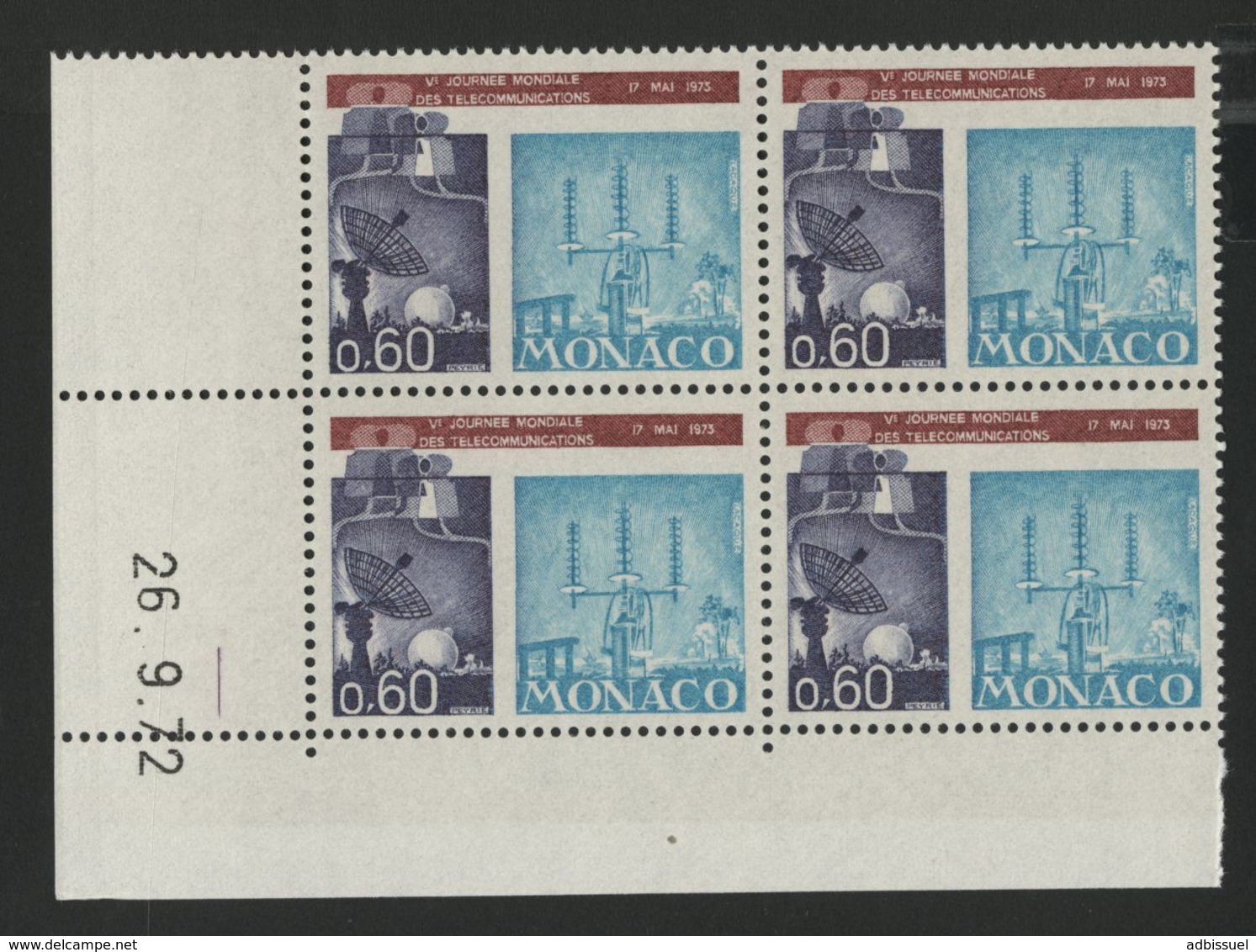 MONACO N° 926 Cote 2.4 € Bloc De 4 Neuf ** (MNH) Avec Coin Daté Du 26/9/72 "Télécommunications" - Neufs