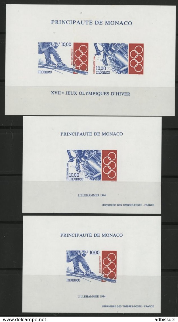 MONACO Cote 450 € BLOCS SPECIAUX NON DENTELES N° 63a + 21a + 22a "J.O. Lillehammer 1994, Olympic Games" Neuf ** (MNH) - Blocks & Sheetlets