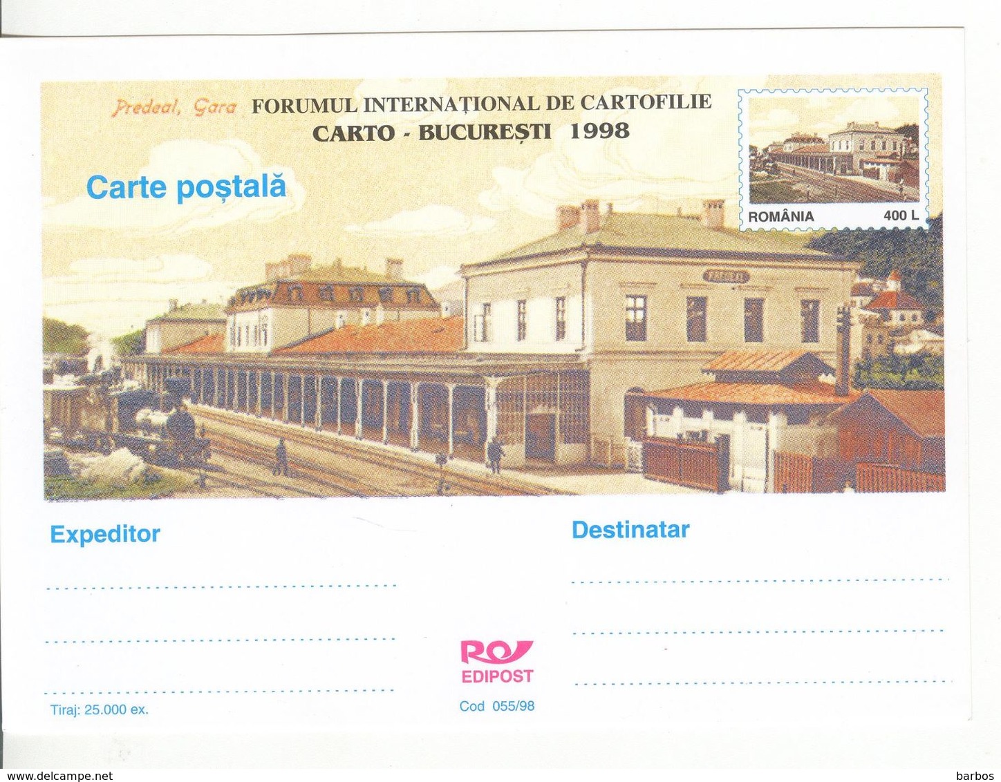 Romania   , 1998  , Predeal  , Train Station , Railway ,  Locomotive ,  Pre-paid Postcard - Trenes