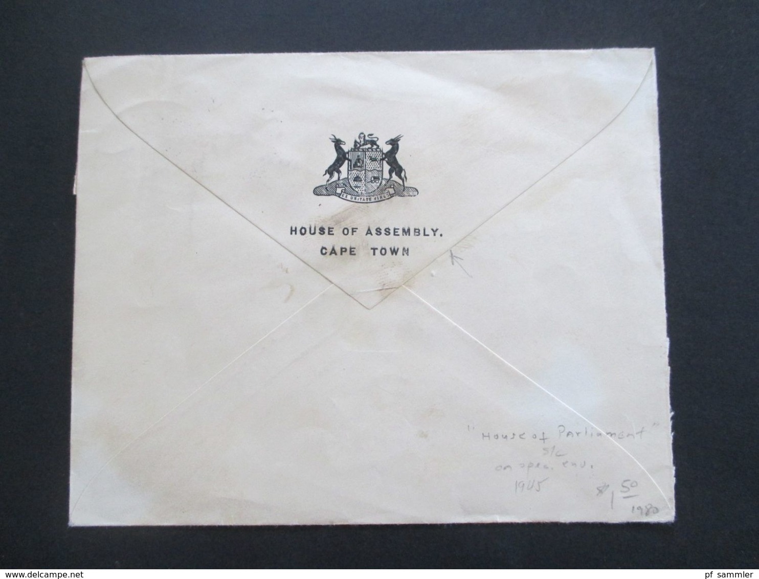 Südafrika 1945 ?!? Beleg Mit Wappen House Of Assembly Cape Town Und Stempel Houses Of Parliament - Briefe U. Dokumente