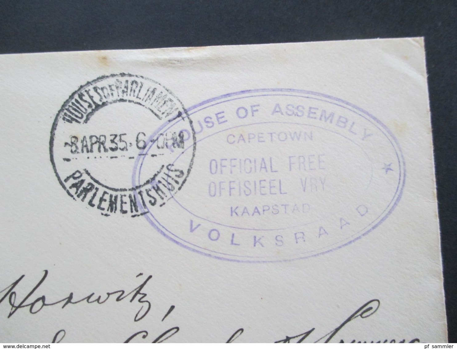 Südafrika 1935 Stempel Houeses Of Parliament Parliament Und House Of Assembly Volksraad Official Free Cape Town - Covers & Documents