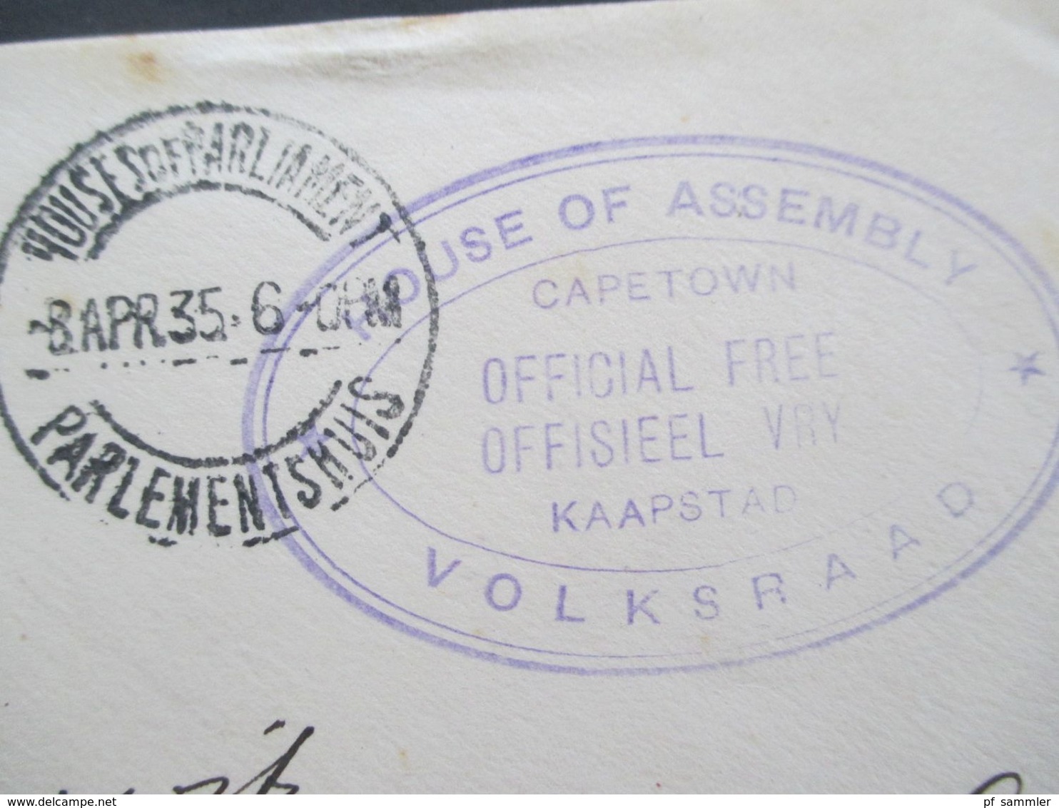 Südafrika 1935 Stempel Houeses Of Parliament Parliament Und House Of Assembly Volksraad Official Free Cape Town - Briefe U. Dokumente