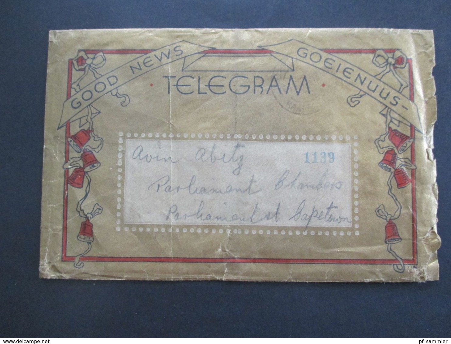 Südafrika Um 1930 ?! Telegram Goldener Umschlag Good News / Goeienuus An Das Parliament Capetown - Brieven En Documenten