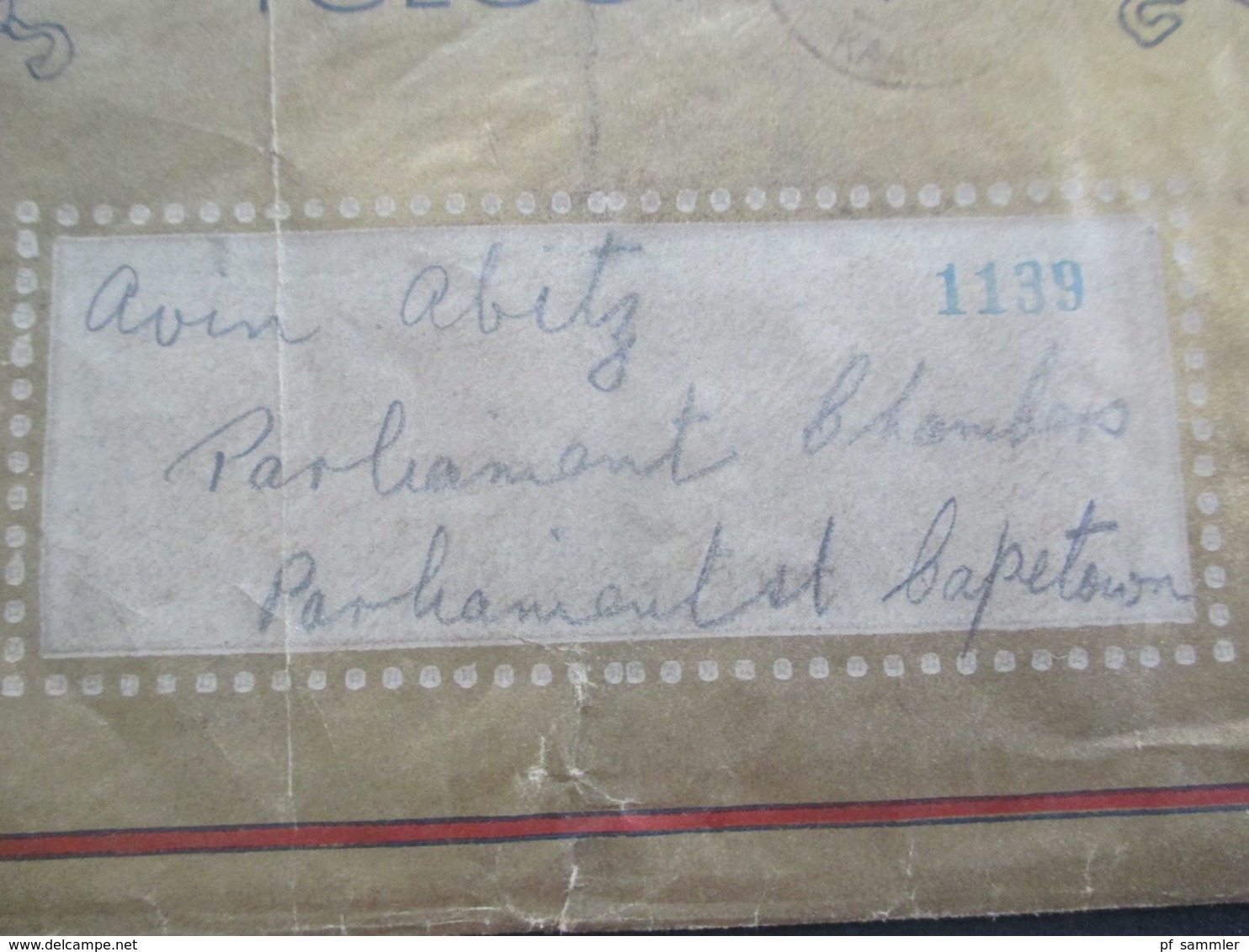 Südafrika Um 1930 ?! Telegram Goldener Umschlag Good News / Goeienuus An Das Parliament Capetown - Briefe U. Dokumente