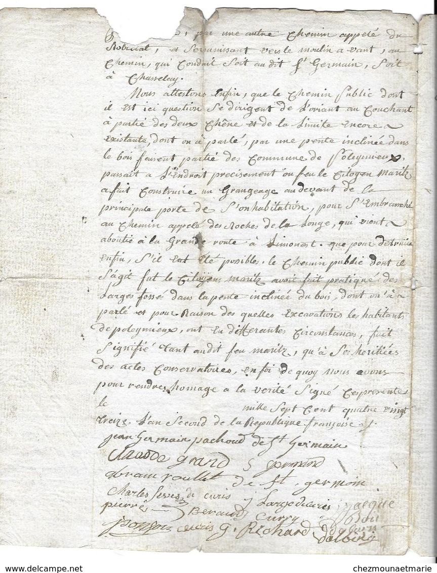 1793 DOCUMENT SUR POLEYMIEUX SIGNE PAR LES CITOYENS DE COUZON ST ROMAIN ST GERMAIN COLLONGES - Historical Documents