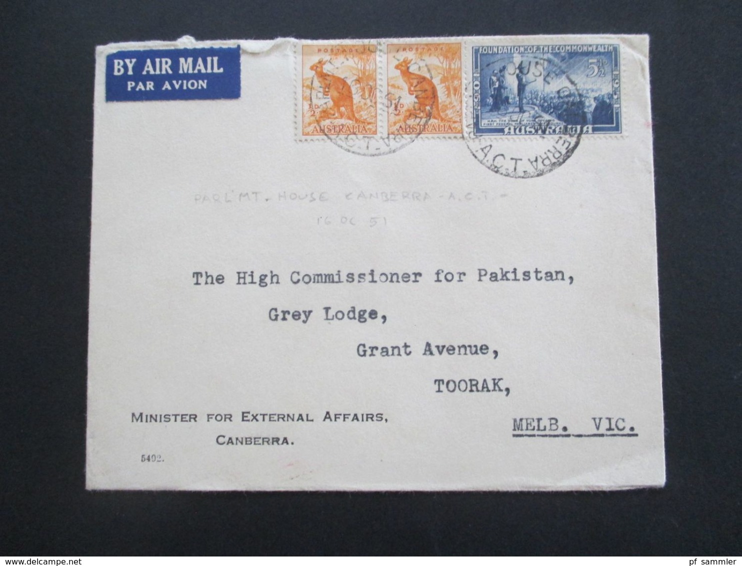 Australien 1951 Air Mail Umschlag Minister For External Affairs Canberra An Commissioner For Parkistan Grey Lodge Toorak - Lettres & Documents